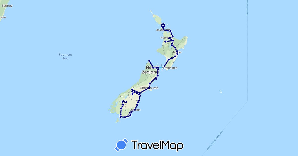 TravelMap itinerary: driving, cycling, boat in New Zealand (Oceania)